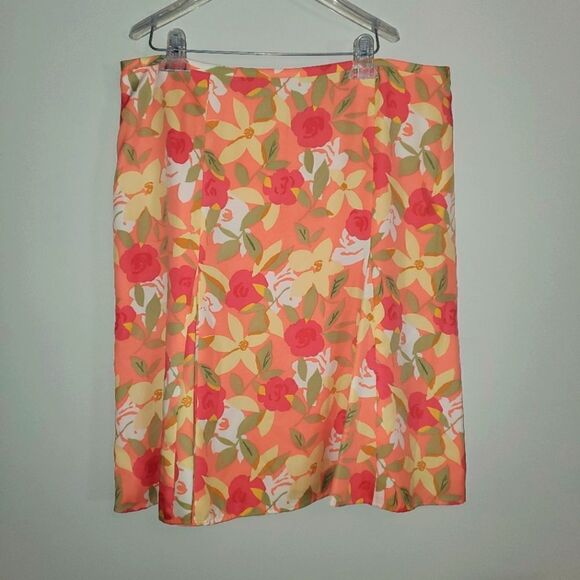 KASPER SPORTSWEAR CORAL YELLOW GREEN FLORAL PRINT MIDI SKIRT SIZE 16 - Picture 1 of 6